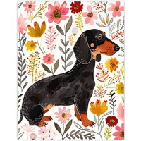 Artery8 Dachshund Sausage Dog Lover Floral Watercolour Wall Art Print | Size: W18" x H24"