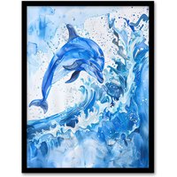 Artery8 Playful Dolphin in Ocean Waves Splash Watercolour Framed Wall Art in Blue | Size: W12" x H16"
