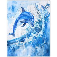 Artery8 Playful Dolphin in Ocean Waves Splash Watercolour Wall Art Print in Blue | Size: W18" x H24"
