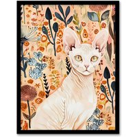 Artery8 Sphynx Cat in Autumn Wildflowers Watercolour Framed Wall Art in Pink | Size: A4