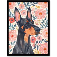 Artery8 Dog Lover Doberman Portrait Pink Floral Folk Art Framed Wall Art | Size: W12" x H16"