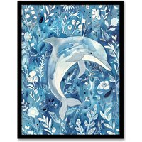 Artery8 Dolphin in Blue Floral Pattern Watercolour Framed Wall Art | Size: W12" x H16"