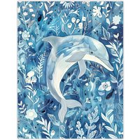 Artery8 Dolphin in Blue Floral Pattern Watercolour Wall Art Print | Size: W24" x H32"