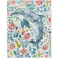 Artery8 Dolphin with Wildflowers Pink Blue Watercolour Wall Art Print | Size: W24" x H32"