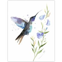 Artery8 Elegant Hummingbird with Wildflower Watercolour Wall Art Print in White | Size: W24" x H32"