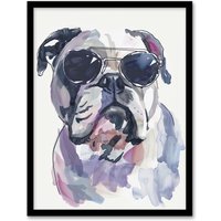 Artery8 English Bulldog in Aviator Sunglasses Watercolour Framed Wall Art in Grey | Size: A4