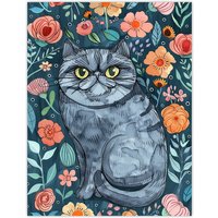 Artery8 Grumpy Blue Exotic Shorthair Cat Floral Portrait Wall Art Print | Size: W18" x H24"