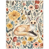 Artery8 Cute Fennec Fox Boho Flower Pattern Watercolour Wall Art Print | Size: W12" x H16"