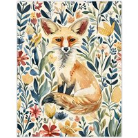 Artery8 Fennec Fox in Wildflower Field Floral Watercolour Wall Art Print | Size: W18" x H24"