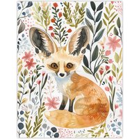 Artery8 Fennec Fox Boho Floral Watercolour Portrait Wall Art Print | Size: W12" x H16"