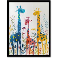 Artery8 Cute Giraffe Family Blue Orange Pink Watercolour Framed Wall Art | Size: A4
