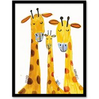 Artery8 Giraffe Family Simple Bright Watercolour Folk Art Framed Wall Art in Yellow | Size: W12" x H16"