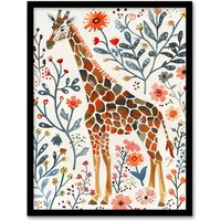 Artery8 Giraffe with Wildflowers Watercolour Folk Art Framed Wall Art | Size: W12" x H16"