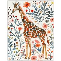 Artery8 Giraffe with Wildflowers Watercolour Folk Art Wall Art Print | Size: W12" x H16"
