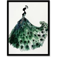 Artery8 Glamorous Peacock Fashion Dress Silhouette Framed Wall Art in Green | Size: W12" x H16"
