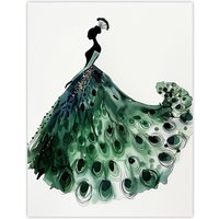 Artery8 Glamorous Peacock Fashion Dress Silhouette Wall Art Print in Green | Size: W12" x H16"