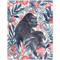Artery8 Gorilla Ape & Pink Tropical Flowers Watercolour Wall Art Print in Blue | Size: W24" x H32"