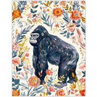 Artery8 Gorilla Ape with Wildflowers Floral Watercolour Wall Art Print | Size: W18" x H24"