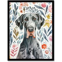 Artery8 Elegant Great Dane Dog Lover Floral Pet Portrait Framed Wall Art | Size: A4