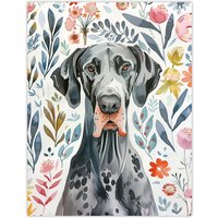 Artery8 Elegant Great Dane Dog Lover Floral Pet Portrait Wall Art Print | Size: W24" x H32"