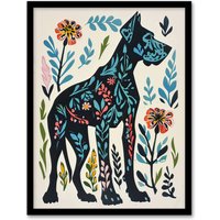 Artery8 Great Dane Dog Lover Floral Folk Art Pattern Framed Wall Art in Blue | Size: W12" x H16"