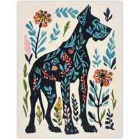 Artery8 Great Dane Dog Lover Floral Folk Art Pattern Wall Art Print in Blue | Size: W12" x H16"