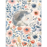 Artery8 Cute Hedgehog with Blue Pink Flowers Watercolour Wall Art Print | Size: W24" x H32"
