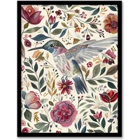 Artery8 Hummingbird with Rustic Flower Pattern Muted Tones Framed Wall Art | Size: A4