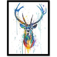 Artery8 Deer Stag Colourful Ink Splat Bright Portrait Framed Wall Art | Size: W12" x H16"