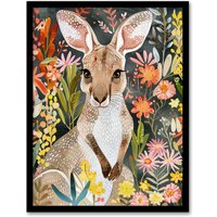 Artery8 Cute Baby Kangaroo with Vibrant Spring Flowers Framed Wall Art | Size: A4