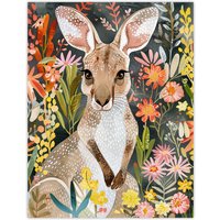 Artery8 Cute Baby Kangaroo with Vibrant Spring Flowers Wall Art Print | Size: W18" x H24"
