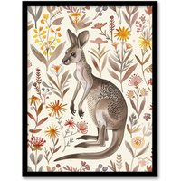 Artery8 Cute Kangaroo with Wildflowers Bright Folk Art Framed Wall Art | Size: A4