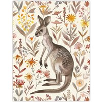 Artery8 Cute Kangaroo with Wildflowers Bright Folk Art Wall Art Print | Size: W12" x H16"