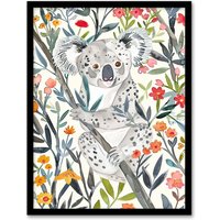 Artery8 Happy Koala Bear on Blooming Tree Watercolour Framed Wall Art | Size: W12" x H16"