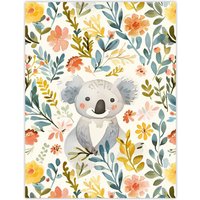 Artery8 Adorable Koala Bear in Floral Meadow Watercolour Wall Art Print | Size: W12" x H16"