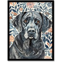 Artery8 Dog Lover Labrador Retriever Floral Watercolour Framed Wall Art | Size: A4