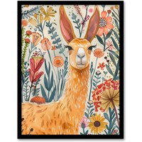 Artery8 Lady Llama with Colourful Flowers Watercolour Framed Wall Art | Size: A4