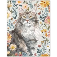 Artery8 Cat Lover Maine Coon Boho Floral Pet Portrait Wall Art Print | Size: W18" x H24"