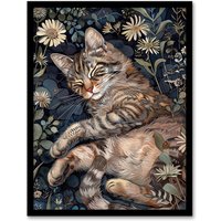 Artery8 Cute Moggie Sleeping in Daisy Field Cat Lover Framed Wall Art in Dark Blue | Size: W12" x H16"