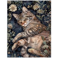 Artery8 Cute Moggie Sleeping in Daisy Field Cat Lover Wall Art Print in Dark Blue | Size: W18" x H24"