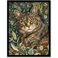 Artery8 Cat Lover Moggie Pet Hiding in Wildflower Field Framed Wall Art in Green | Size: A4
