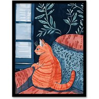 Artery8 Moggie Cat Lover Alone Time Melancholy Painting Framed Wall Art in Orange | Size: A4