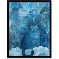 Artery8 Moggie Cat Lover Nocturnal Blue Dream Watercolour Framed Wall Art | Size: A4
