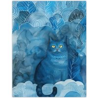 Artery8 Moggie Cat Lover Nocturnal Blue Dream Watercolour Wall Art Print | Size: W18" x H24"
