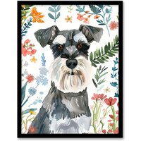 Artery8 Dog Lover Miniature Schnauzer Floral Portrait Framed Wall Art | Size: W12" x H16"
