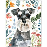 Artery8 Dog Lover Miniature Schnauzer Floral Portrait Wall Art Print | Size: W24" x H32"