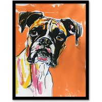 Artery8 Boxer Dog Lover Modern Pet Portrait Orange Framed Wall Art | Size: A4