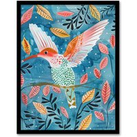 Artery8 Hummingbird Folk Art Pink Blue Orange Watercolour Framed Wall Art | Size: A4