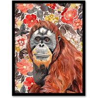 Artery8 Orangutan with Red Blooming Flowers Watercolour Framed Wall Art | Size: A4