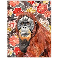 Artery8 Orangutan with Red Blooming Flowers Watercolour Wall Art Print | Size: W12" x H16"